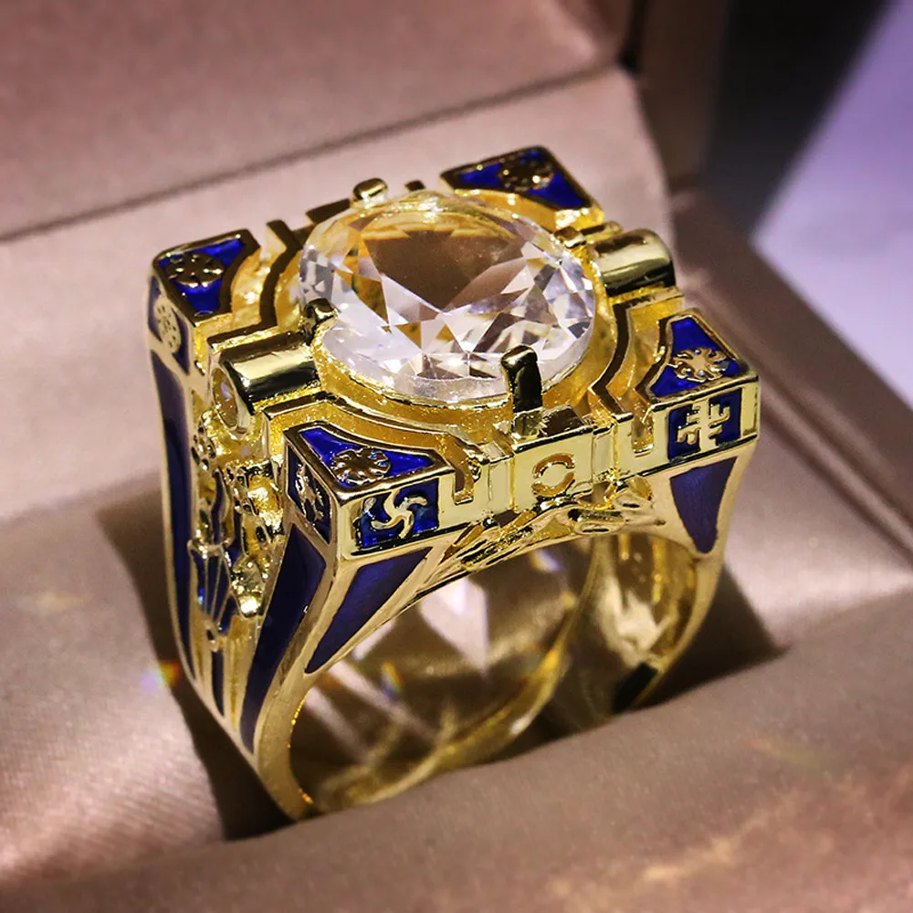 

HPXmas Luxury Big Round Gold CZ White Zircon Square Enamel Stripe Blue Rings Crystal Vintage Men's Finger Rings
