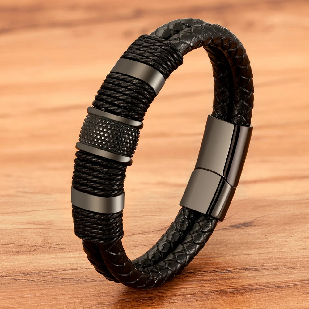 

Woven Leather Rope Wrapping Special Style Classic Stainless Steel Men's Leather Bracelet Double-layer Design DIY Customization, Silver/gold