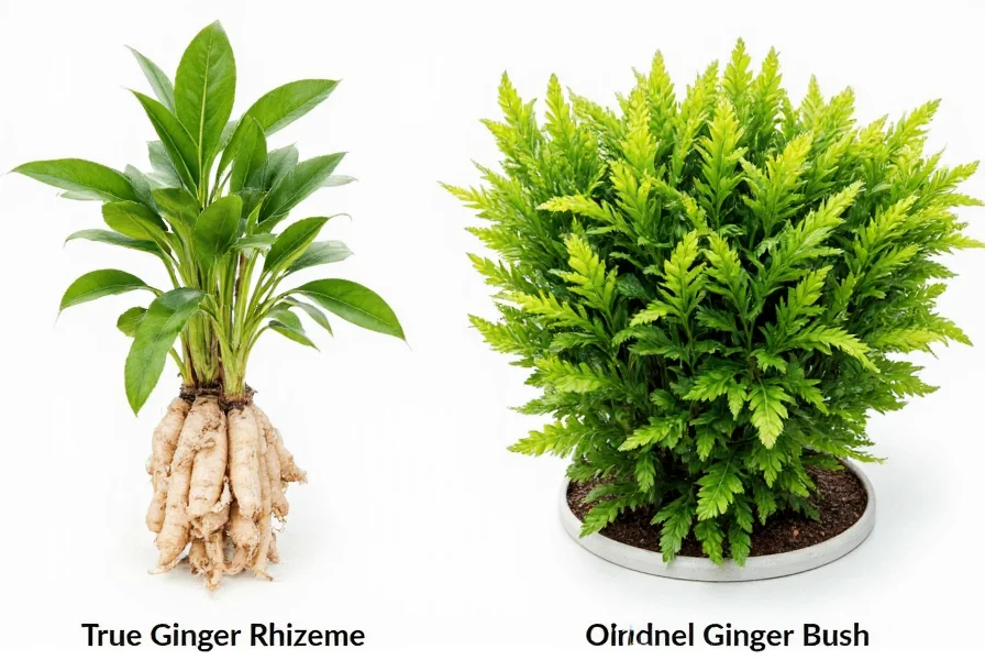 Side-by-side comparison of true ginger rhizome plant versus ornamental ginger bush varieties showing height difference and growth habit
