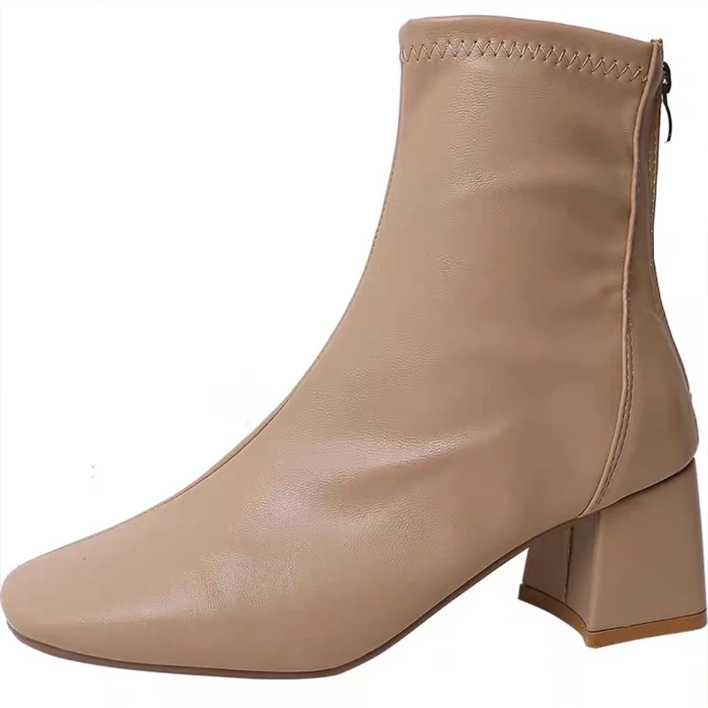 

Superstarer Martin boots female british square toe thick heel high heels leather short boots, Black,khaki,beige