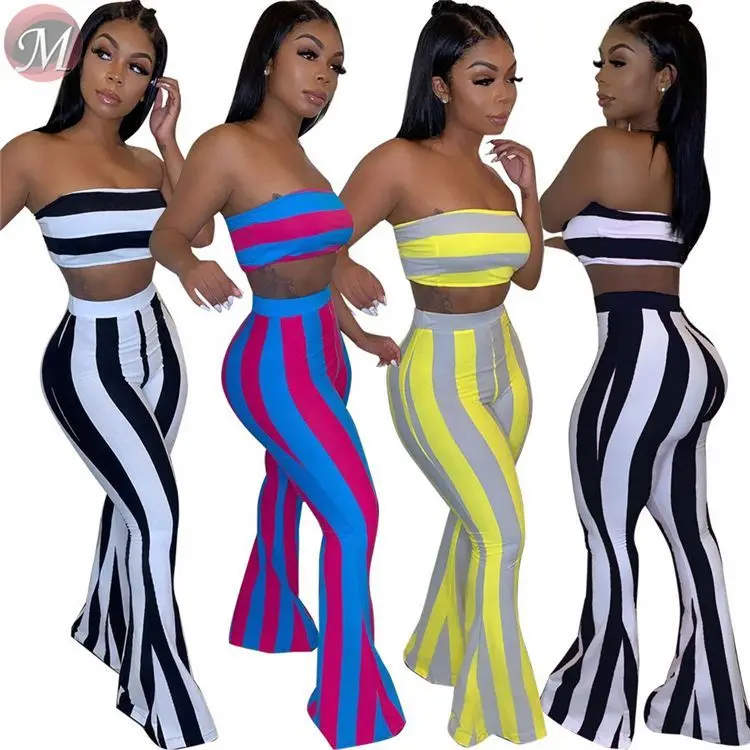 

JEAN New Arrival 2021 Women Fashion Clothing Summer Striped Print Crop Top Two Piece Sets Women Clothing, Black/white,red/blue,yellow/gray