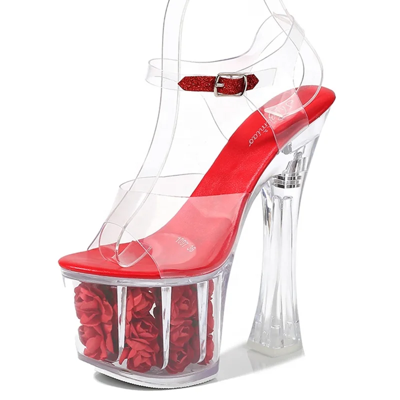 

2021 new design square high heel shoess women buckle strap rose sandals crystal stripper platform heels