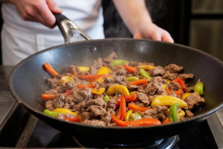 Professional chef stir-frying beef strips and colorful bell peppers in a smoking hot wok with visible sear marks on meat