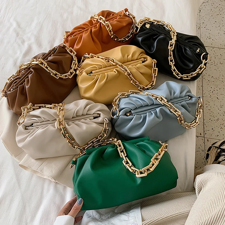 

2020 Day clutch pleated underarm pouch women fashion leather handbags shoulder cloud bag with gold chain, White,yellow,green,blue,black,brown,orange