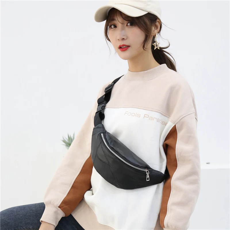 

Factory wholesale price Big discount good quality Large capacity good quality soft Women running belt bag leather waist, Black