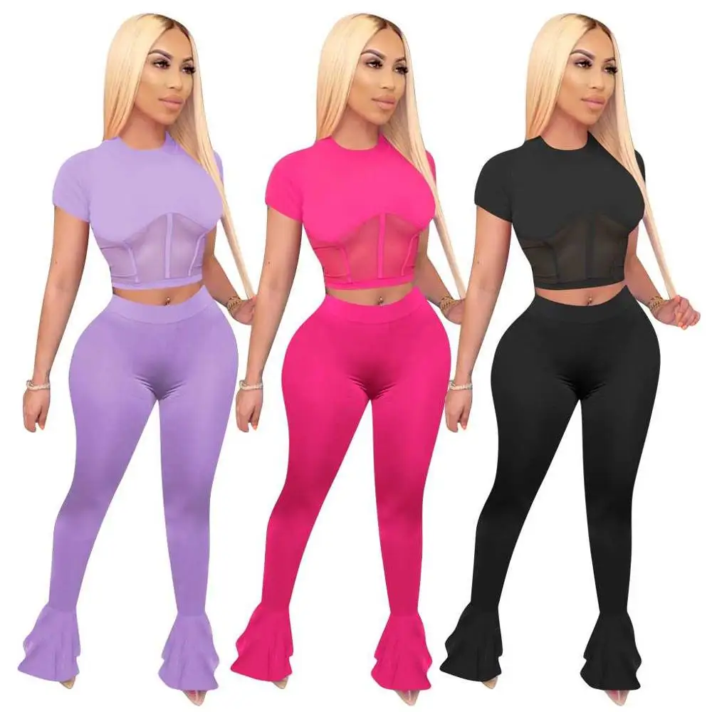 

Spring summer autumn women's mesh splicing flared pants sports suit two-piece suit, 3colors