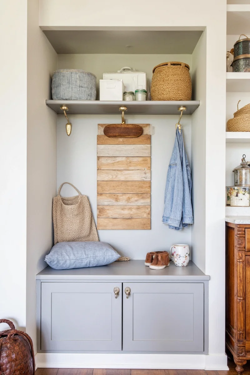 Before and after photos of a seasonal mudroom pantry changeover