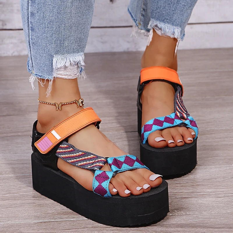 

Amazon USA boutique hot sale fashion thick-soled girl lady sandals printed beach shoes summer platform sandal woman, Black ,apricot,rainbow