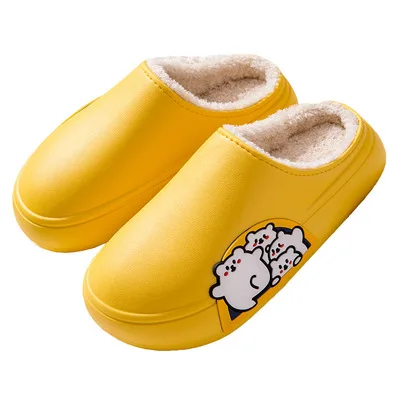 

Soft and comfortable winter warm women plush slides thick sole home indoor outdoor cartoon design water-proof fur slippers, Yellow, green, black,grey, pink and orange