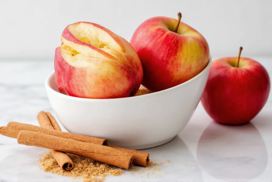 Two crisp red apples sliced in a white ceramic bowl with cinnamon sticks and brown sugar beside them