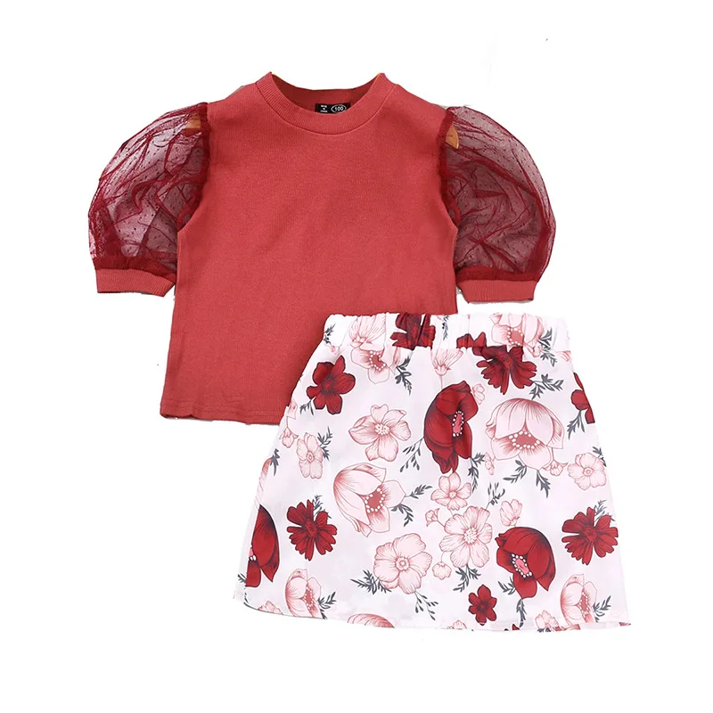

New design red color short sleeve top floral print skirt two piece fashion kids clothes girls outfit sets, As picture show