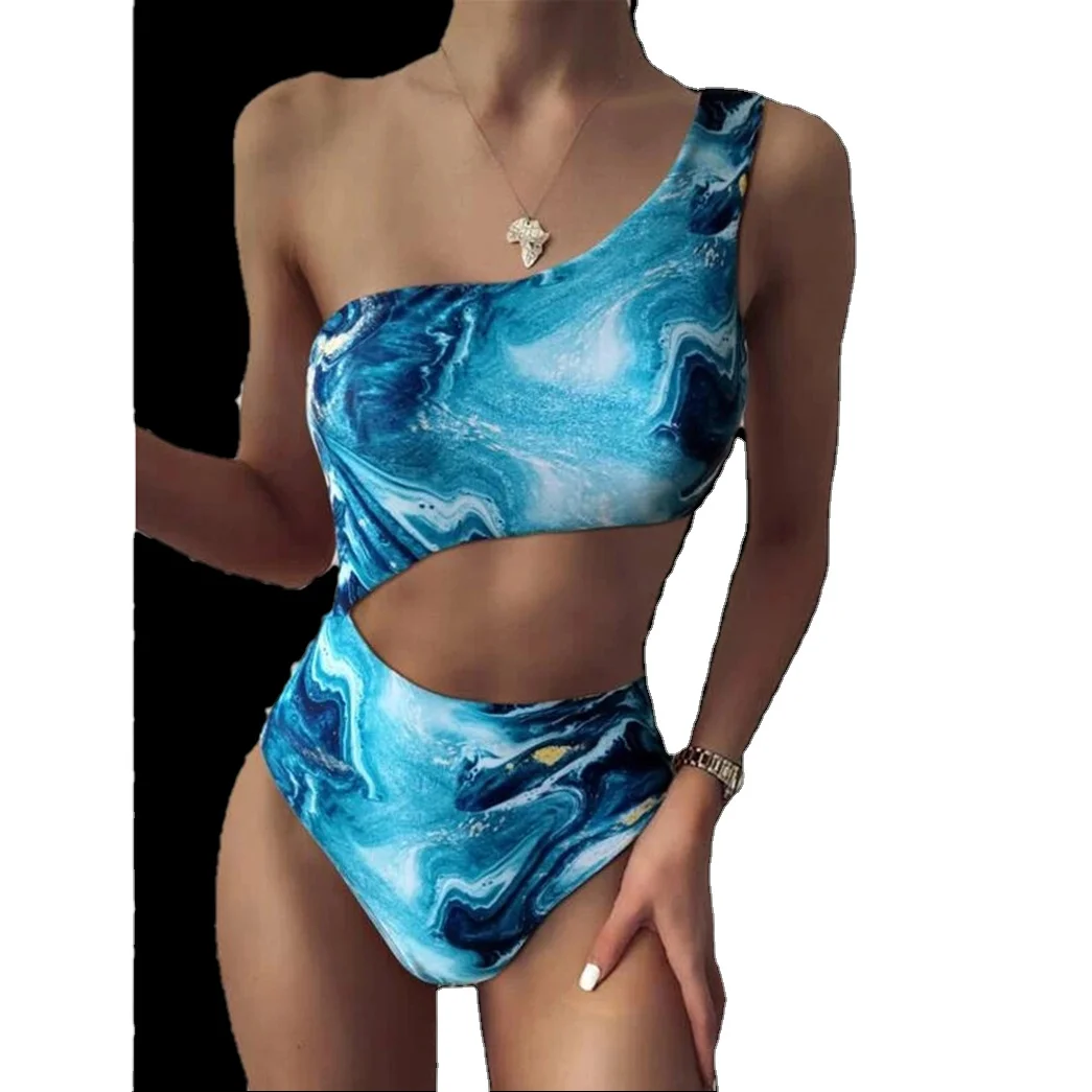 

2021 new arrivals popular print strapless sets bikini one shoulder sleeveless jumpsuits beach wear bathing suits swimming wear, 1 color as picture
