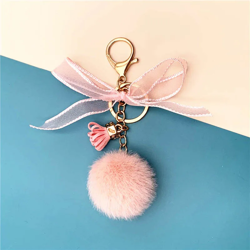 
Custom Cute Colorful Bow Lace Plush Pendant Fur Ball Pom Pom Bag Pendant Key Chain 