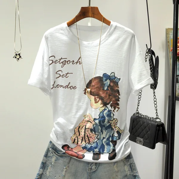 

Summer Korean White Short Sleeve Printed T-shirt for Women's Loose and Versatile Top