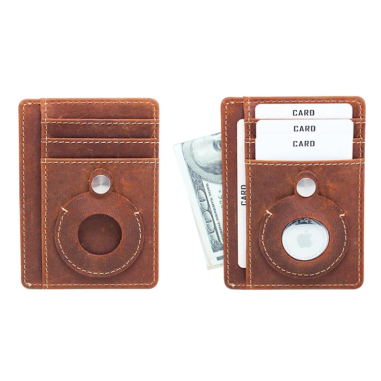 

New Custom Genuine Leather Men's Wallet Thin RFID Blocking Slim Wallet Anti Lost Card Holder Wallet with Airtag Holder, Brown