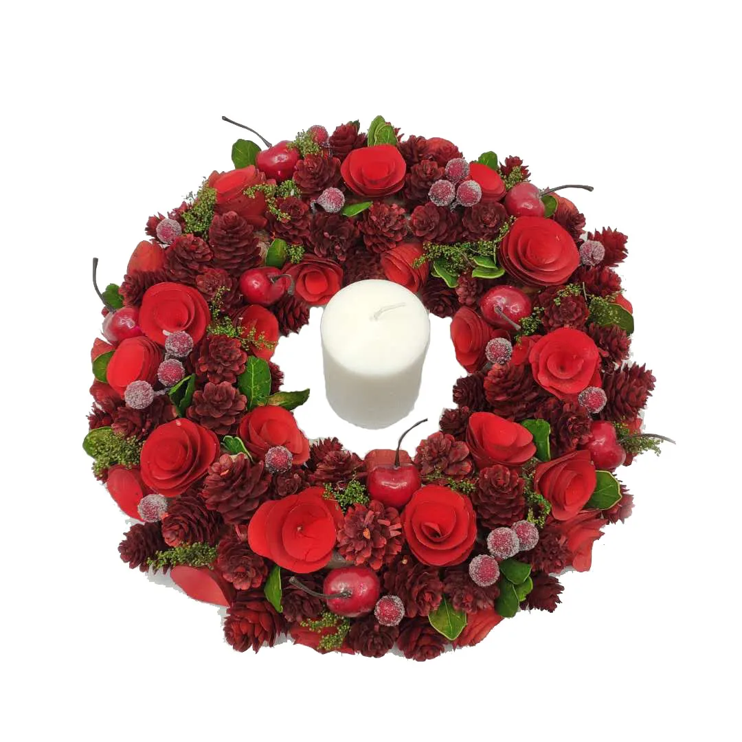 
2020 new arrival 10" 25cm natural wood christmas red berry pinecone wreath 