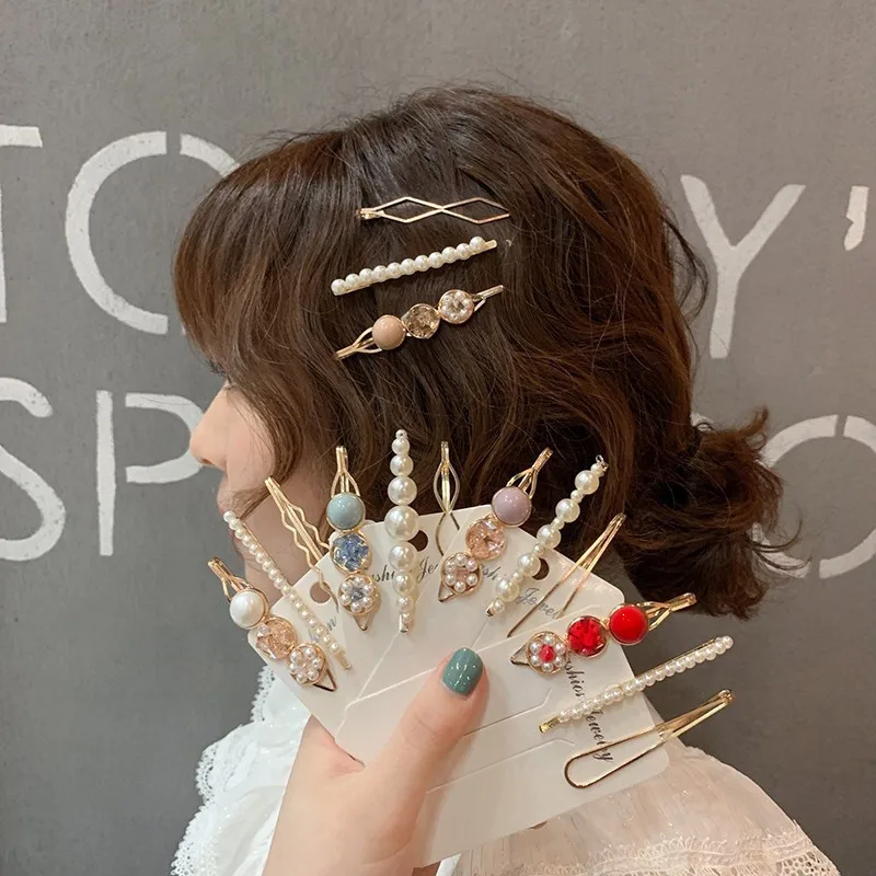 

3PCS/Set Vintage Fashion Korean Pearl Hair Clip Crystal Hair Grips Hairpin Set Women Imitation Bobby Pin Barrette