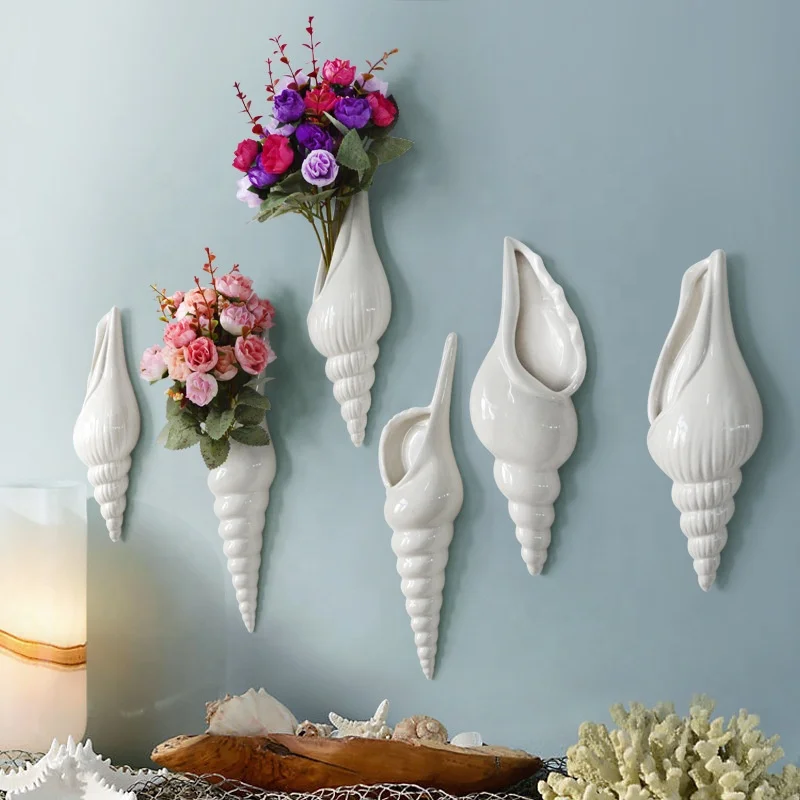 

New Arrival Modern Simple Creative Home Store Decoration Ornament Porcelain Sea Snail Conch 3D Ceramic Vase Wall