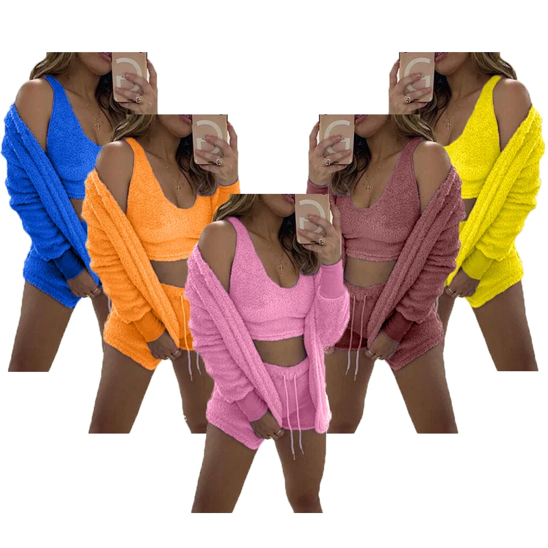 

3 Pieces/set Soft Pajamas Fleece Plush Hooded Women Sleepwear Nightwear Tops+Shorts+Coat, As picture