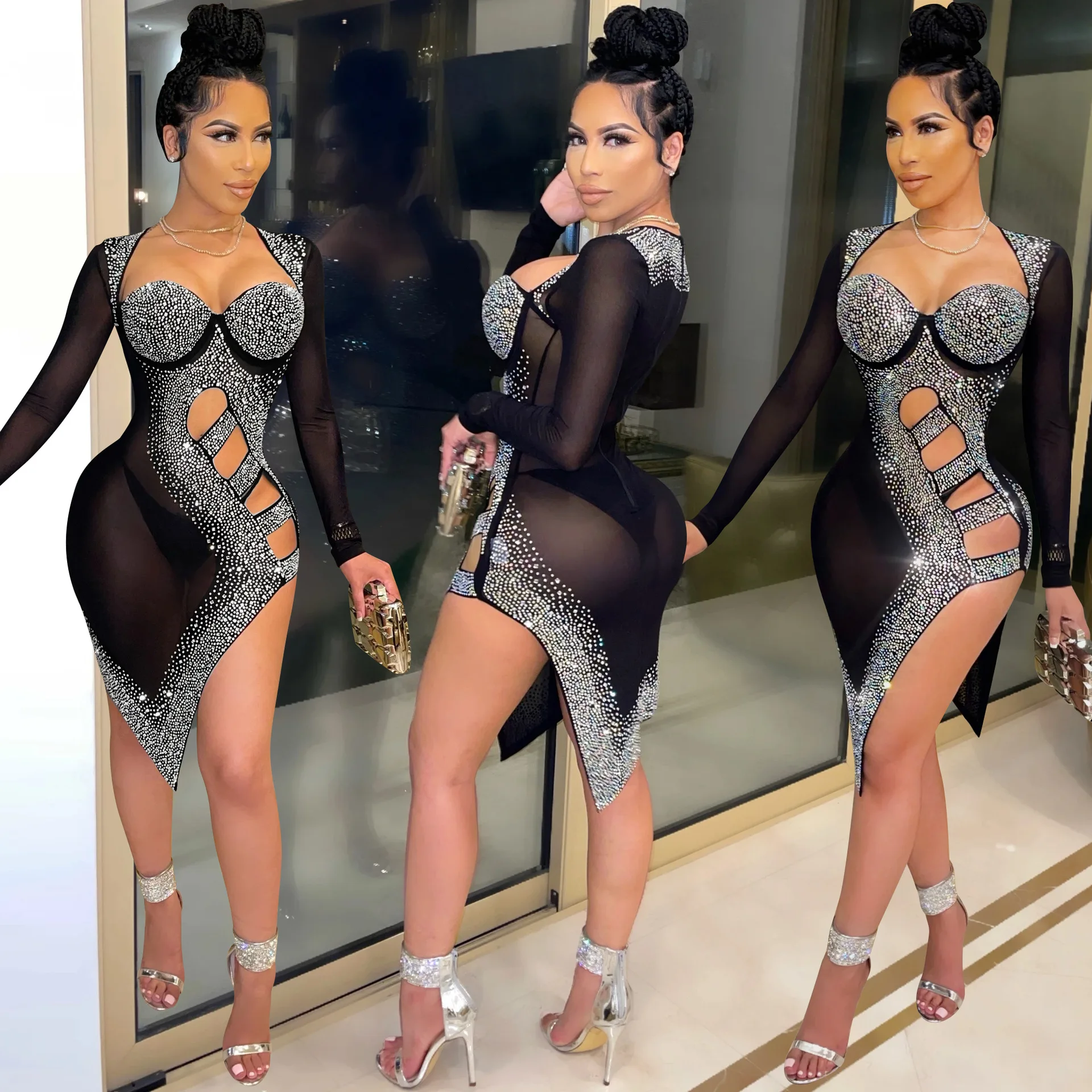 

2021 Summer Sexy Split Mesh See Through Diamond Club Party Women Dress, Shown
