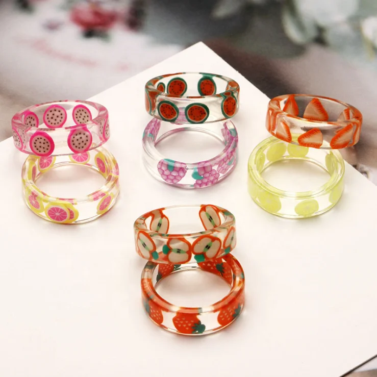 

Joyas Fashion Korean Summer Colorful Cute Resin Ring New Design Cute Transparent Fruit Acrylic Resin Ring Jewelry Women