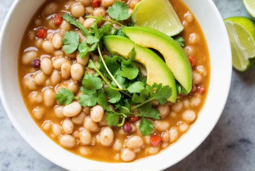 Finished bowl of white chili with navy beans topped with fresh cilantro, avocado slices, and a lime wedge