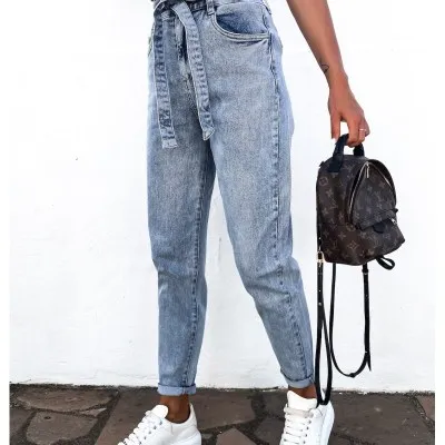 

2021 the latest fashion high-waisted long button denim women wash tight blue Straight leg jeans