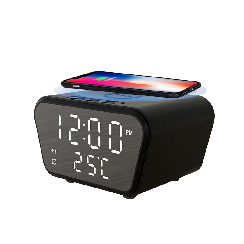 

Custom Logo Wireless Charger Alarm Clock Temperature Display 10W Fast Wireless Charger With Led Digital Alarm Clock, White black