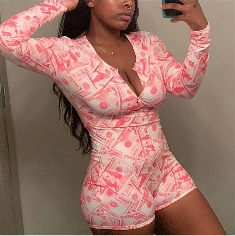 

Wholesale Print Butterfly Pajamas Sexy Nightwear Onsies Adult Sleepwear Onesie Pink Money Onesie, Picture shows