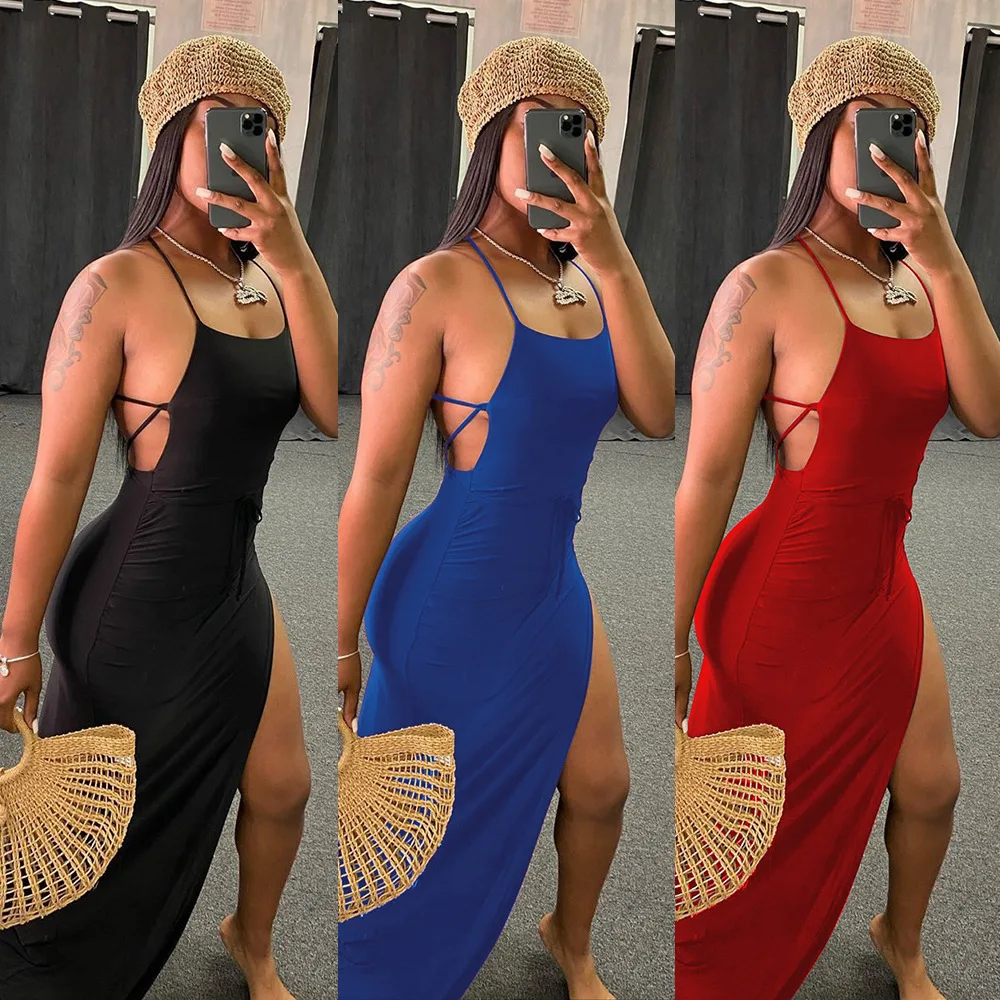 

Solid Halter Cross Spaghetti Strap Tailed Dress Backless Sun Dresses Women Casual One Piece Side Split Maxi Dress, As show