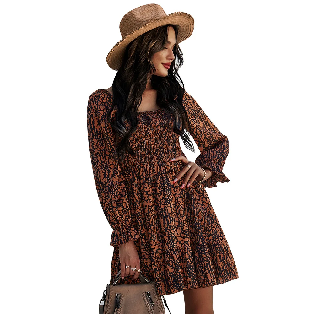 

2021 new spring and summer women's French collar new A-line printed dress