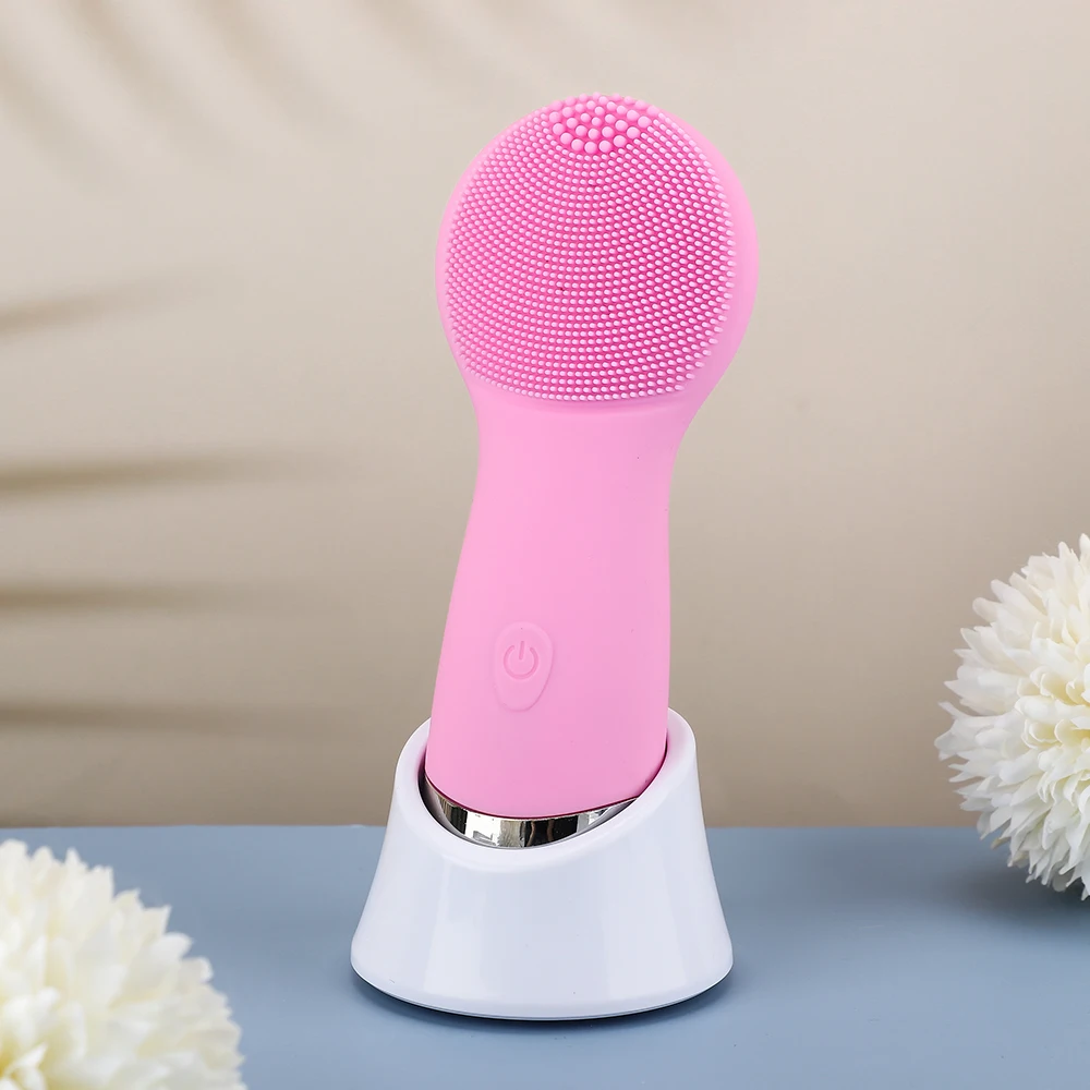 

2021 New Style Eletrical Wireless Charging Pink Portable Double Side Massager Cleansing Silicone Facial Cleanser Brush With Hand