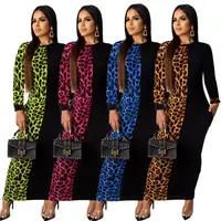 

K0311 Fashionable Round Neck Fashion Leopard Print Maxi Length Long Sleeve Patchwork Casual Fashion Dress