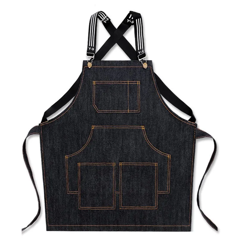 

denim apron with leather strap Unisex Adjustable Denim Jean Kitchen Apron With Pockets for Women Men, Blue