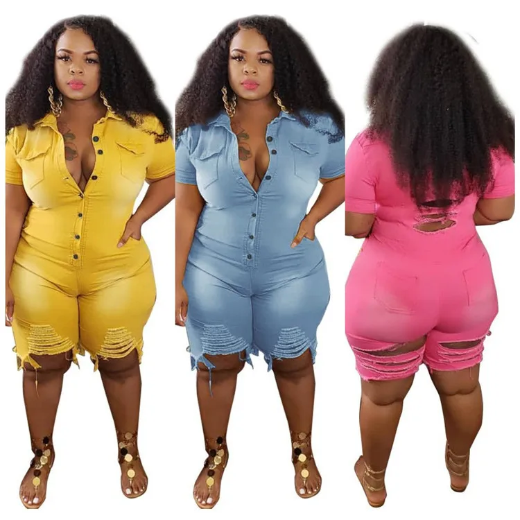 

Hot Selling Ladies Denim Rompers Short Sleeve Ripped Street Summer 5XL Plus Size Jumpsuits For Women