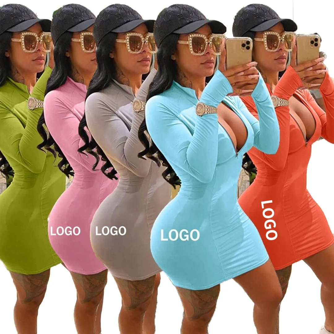 

Custom Logo Plus Size Women Summer Long Sleeve Sexy Bodycon Short Dress
