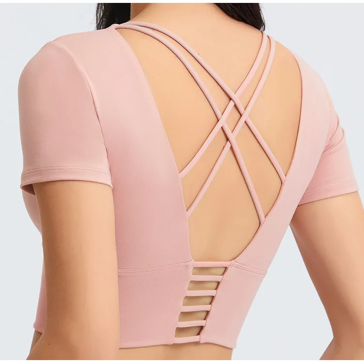 

New arrival women beauty back yoga crop tops short sleeve tee shirt with removable pads workout fitness gym clothes