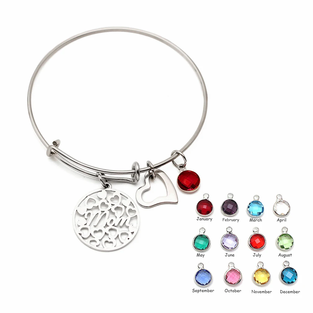 

Adjustable Mom Crystal 12 Month Birthstone Heart Lucky Stone Charm Stainless Steel Inspirationa Expandable Wire Bangles Bracelet