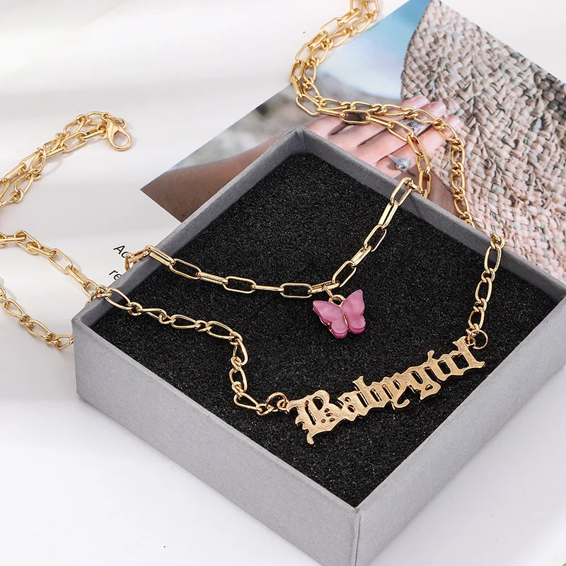 

2020 New Arrivals Bohemian 18K Gold Multi Layer Chain Letter Babygirl Pendant Necklace Acrylic Butterfly Choker Necklace, As pictures