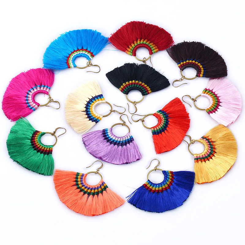 

ET1004 Popular Bohemia Bolo Tribal Jewelry Raw Brass Macrame Long Fringe Tassel Dangle Hoop Earrings, 6 colours