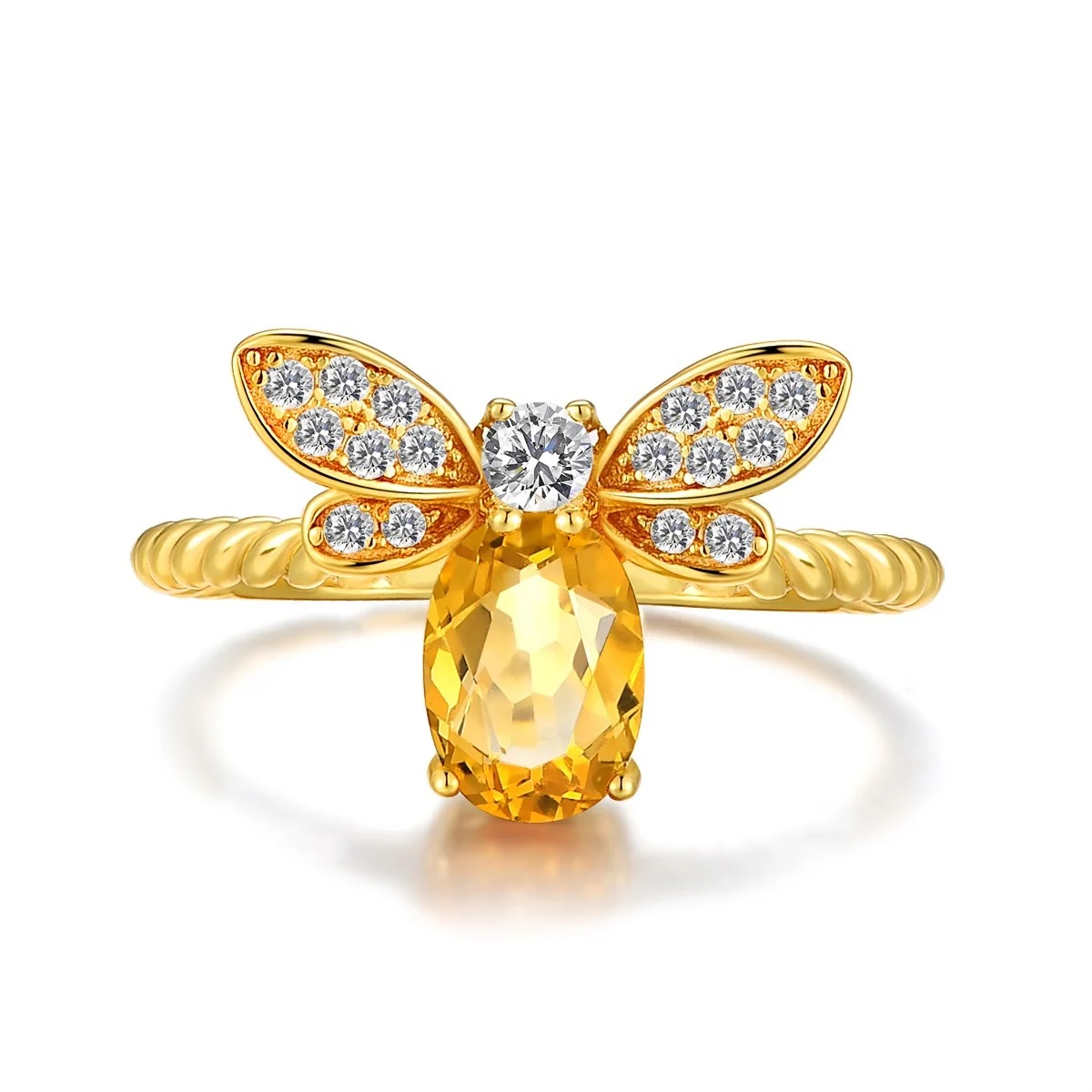 

Women Accessories Adjustable 14k Gold Plated Jewelry Bee Shape Natural Citrine 925 Sterling Silver Ring RI019
