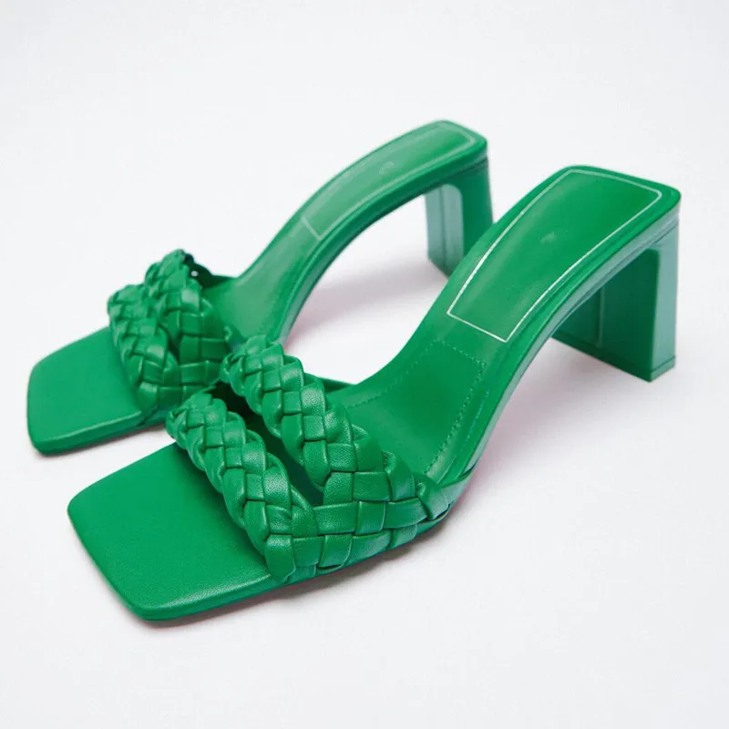 

2021 Hot sales ladies high heel sandals square toe sandals block sandals, Green