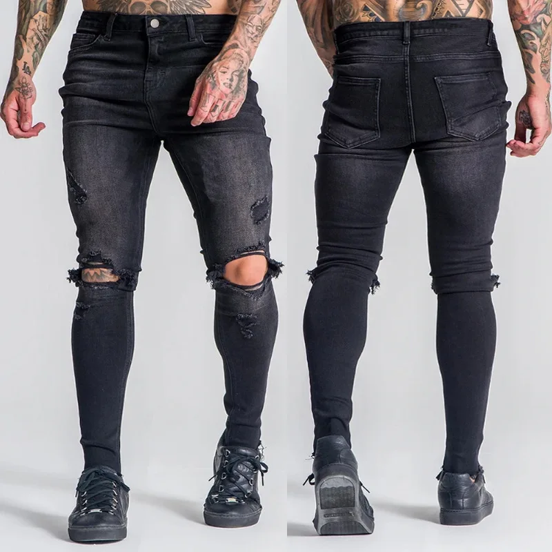 

Men's Fashion Elastic Feet Skinny Jeans Amazon Classic Black Ripped Stretch Jeans