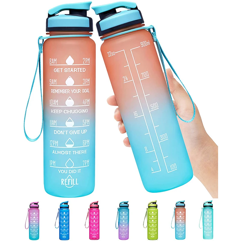 

Motivational Plastic Water Bottle Reusable for Gym Outdoor BPA Free Fast Flow sport with Time Marker with Straw Tritan 32 oz, Customized color acceptable