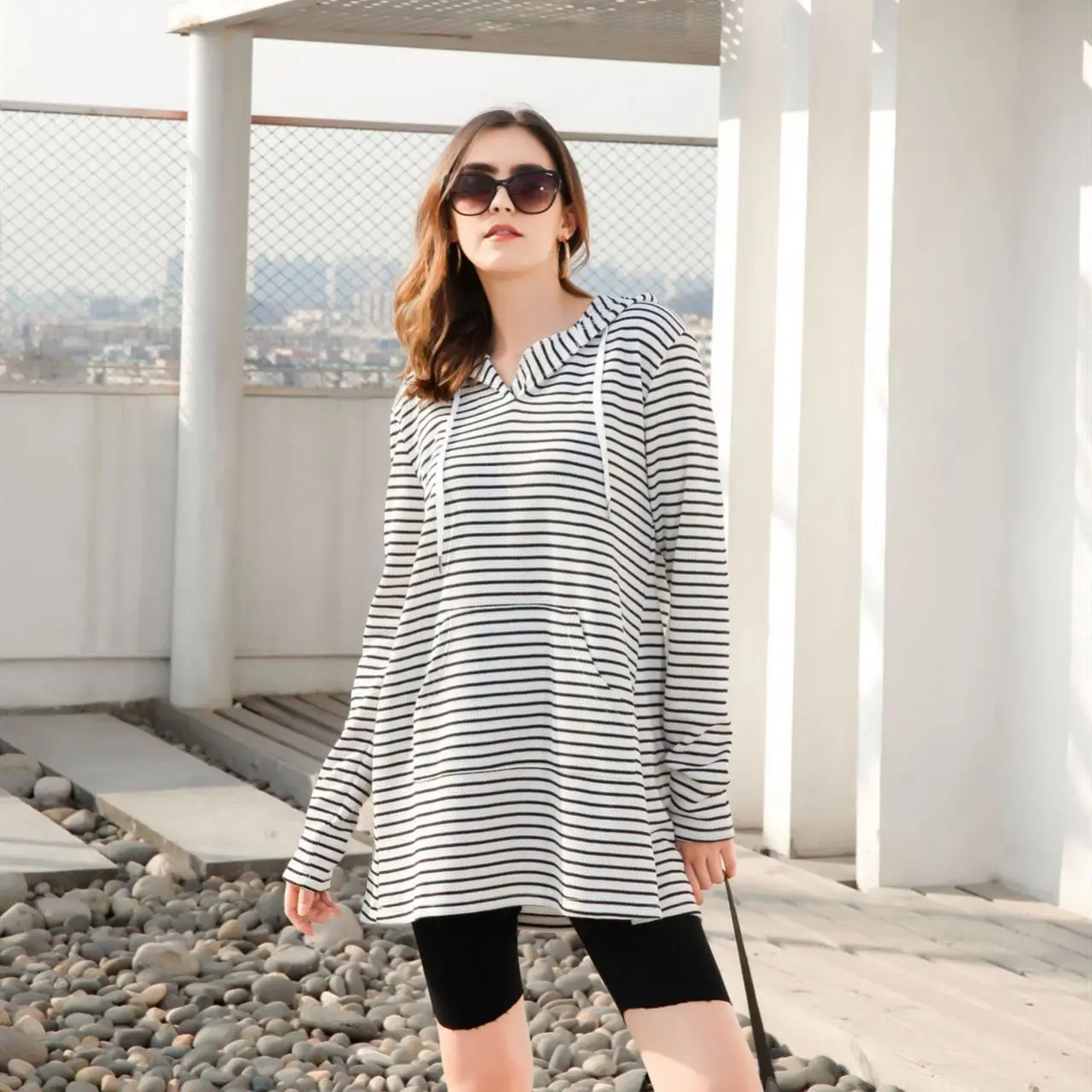 

Fall 2021 Women Clothes Black and White Striped Sweatshirt Hooded Pullover Oversized Women Sweatshirt Hoodies, White, black