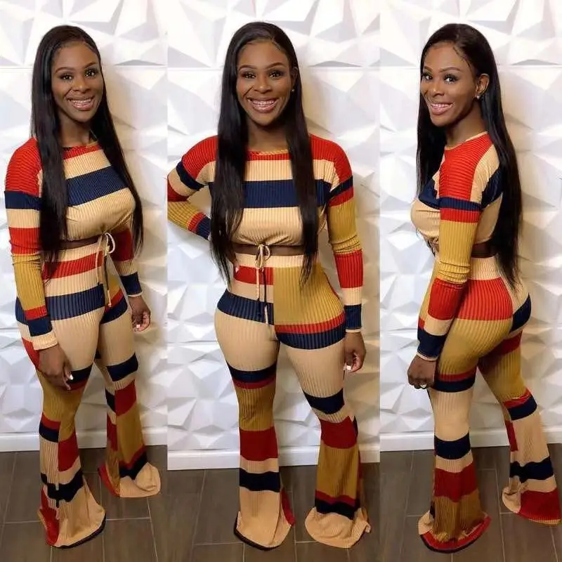 Hot Vintage Knit Outfits Mature Age Sexy Free Soft Fashion Daily Full Sleeve Long Pants Elastic Women 2 Piece Set