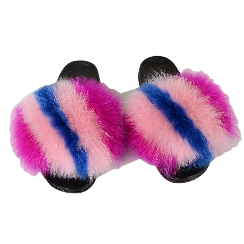 

Wholesale Women Fluffy Real Fox Fur Slippers Furry Slides Sandal For Women, 25 colors