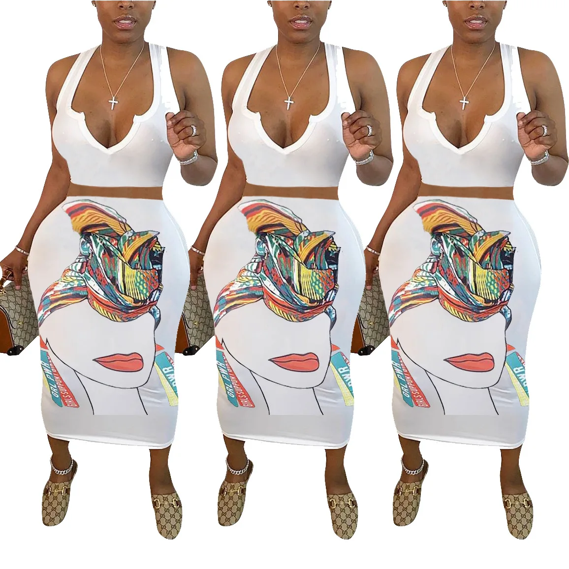 

Cartoon Avatar Crop Top Maxi Skirts Summer Two Piece Skirt and Top Set for Women, White