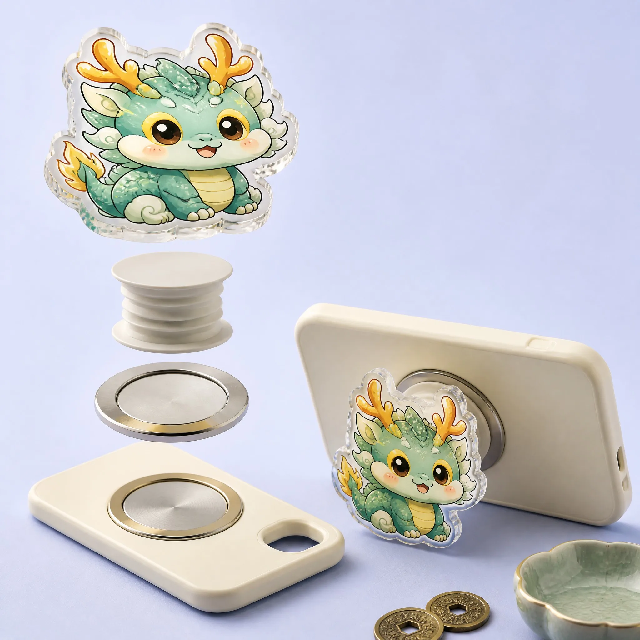 Exploded Structural Diagram of MagSafe Magnetic Acrylic Phone Grip: Jade Dragon Topper, Accordion Base, Magnetic Ring, Phone Case, Kickstand
