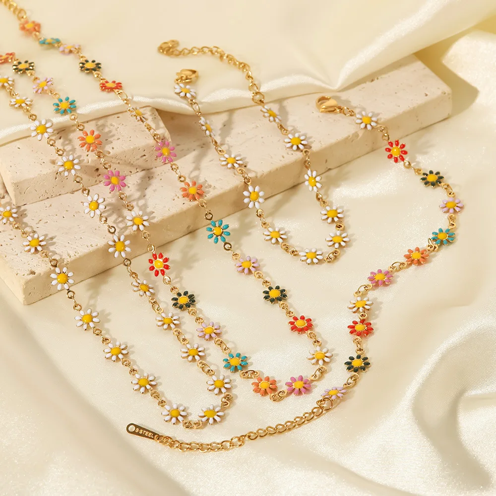 

New Multicolour Enamel Daisy Bracelet Necklace Set No Fade Stainless Steel Oil Dripping White Chrysanthemum Necklace Jewelry Set